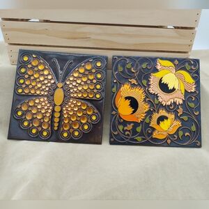 1960s Copper Cloisonne Butterfly And Flower Pattern Tiles Art Craftsman Style